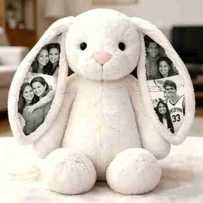 Custom Photo Bunny Plush with Personalized Name Embroidery & Hidden Ear Picture – Cute Bunny Gift for Couples, Anniversary Gifts
