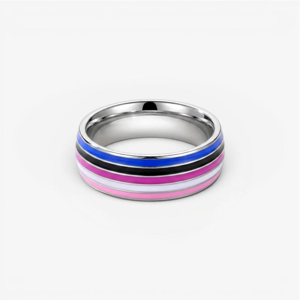ColorPulse Stainless Steel Rainbow Enamel Band Ring, Classic Three Color Stripes Polished Comfort Fit Wedding Band Statement Jewelry Gift for Men Women