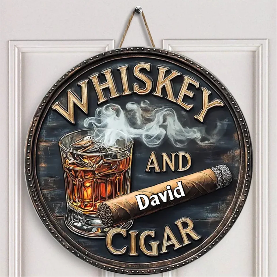 Art Bar Whiskey And Cigar Custom Name Wooden Door Sign