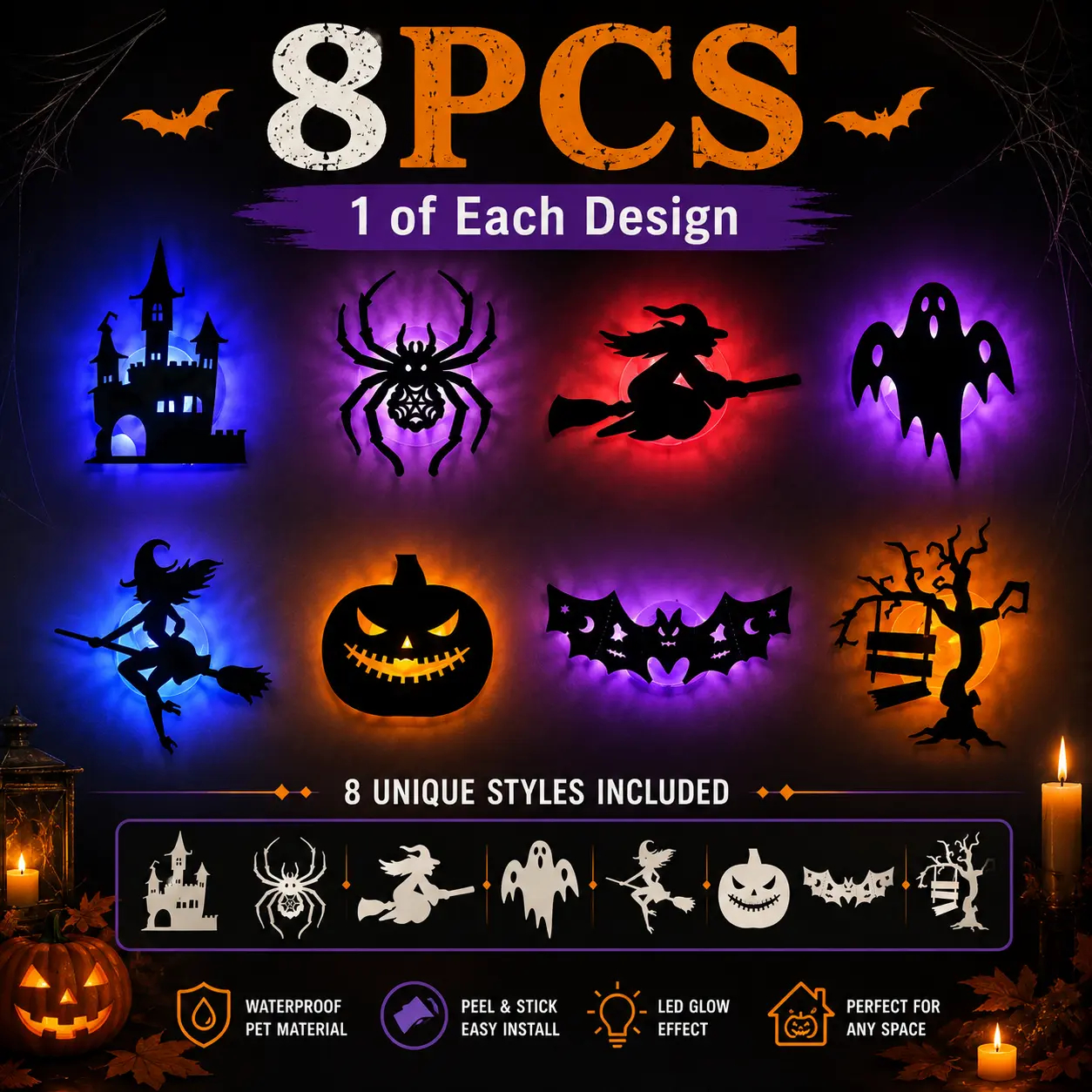 Halloween LED Silhouette Wall Light Stickers, Battery Powered Peel & Stick Decor Lights,Waterproof Wall Decor, Spooky Ghost Pumpkin Witch Bat Castle Spider Tree Ornaments for Home Window Door Party