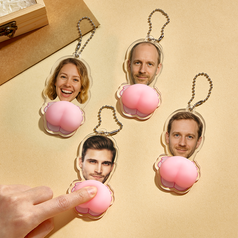 Custom Face Photo Pink Butt Squeezable Acrylic Keychain – Funny Personalized Gift