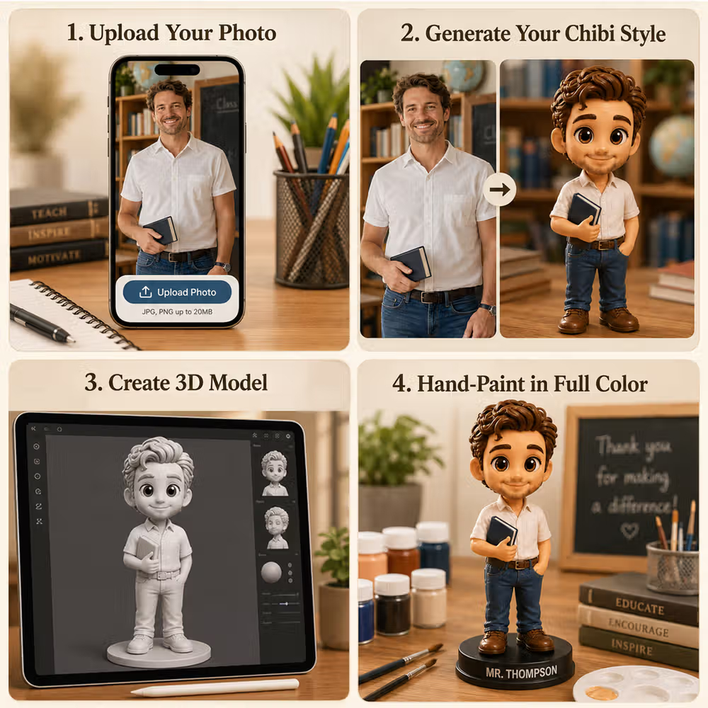Custom 3D Figure from Photo with Engraved Text Base – Unique Wedding, Anniversary, Birthday Gift