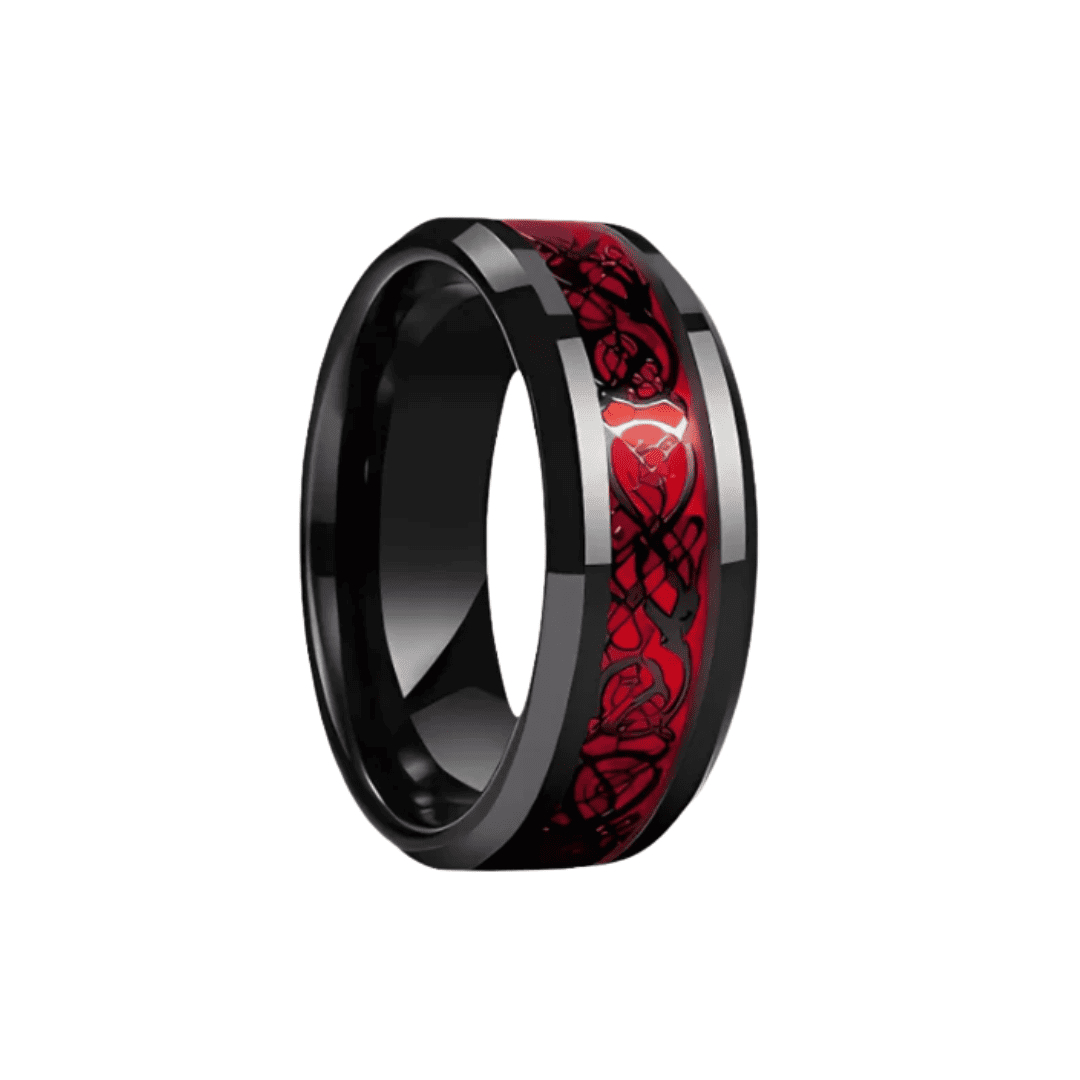 Gothic Black Plated Couple Ring Set Big Heart Red Zircon Women Ring Red Dragon Pattern Tungsten Men Band Lover Matching Jewelry
