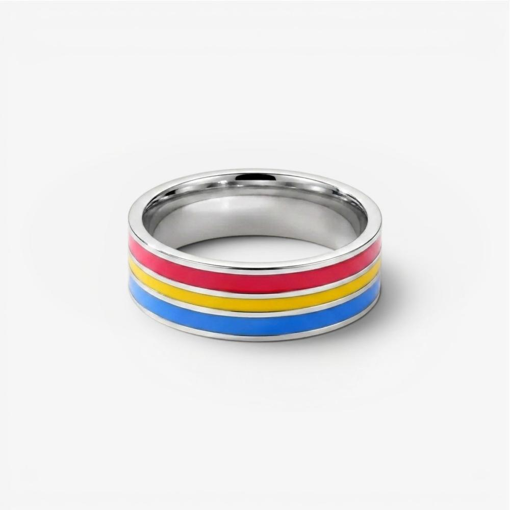 ColorPulse Stainless Steel Rainbow Enamel Band Ring, Classic Three Color Stripes Polished Comfort Fit Wedding Band Statement Jewelry Gift for Men Women