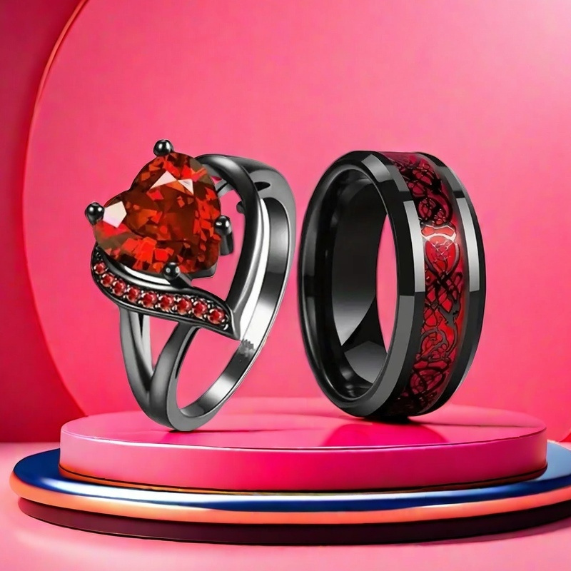 Gothic Black Plated Couple Ring Set Big Heart Red Zircon Women Ring Red Dragon Pattern Tungsten Men Band Lover Matching Jewelry