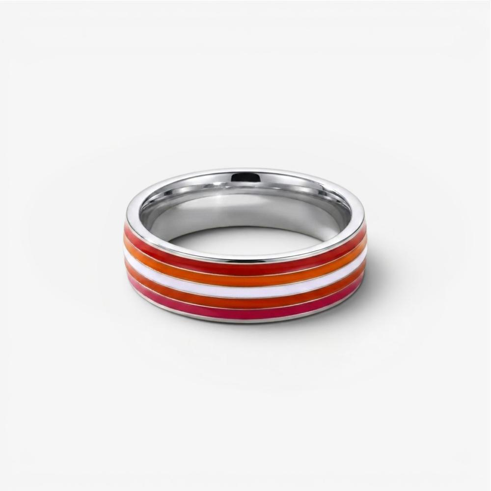 ColorPulse Stainless Steel Rainbow Enamel Band Ring, Classic Three Color Stripes Polished Comfort Fit Wedding Band Statement Jewelry Gift for Men Women