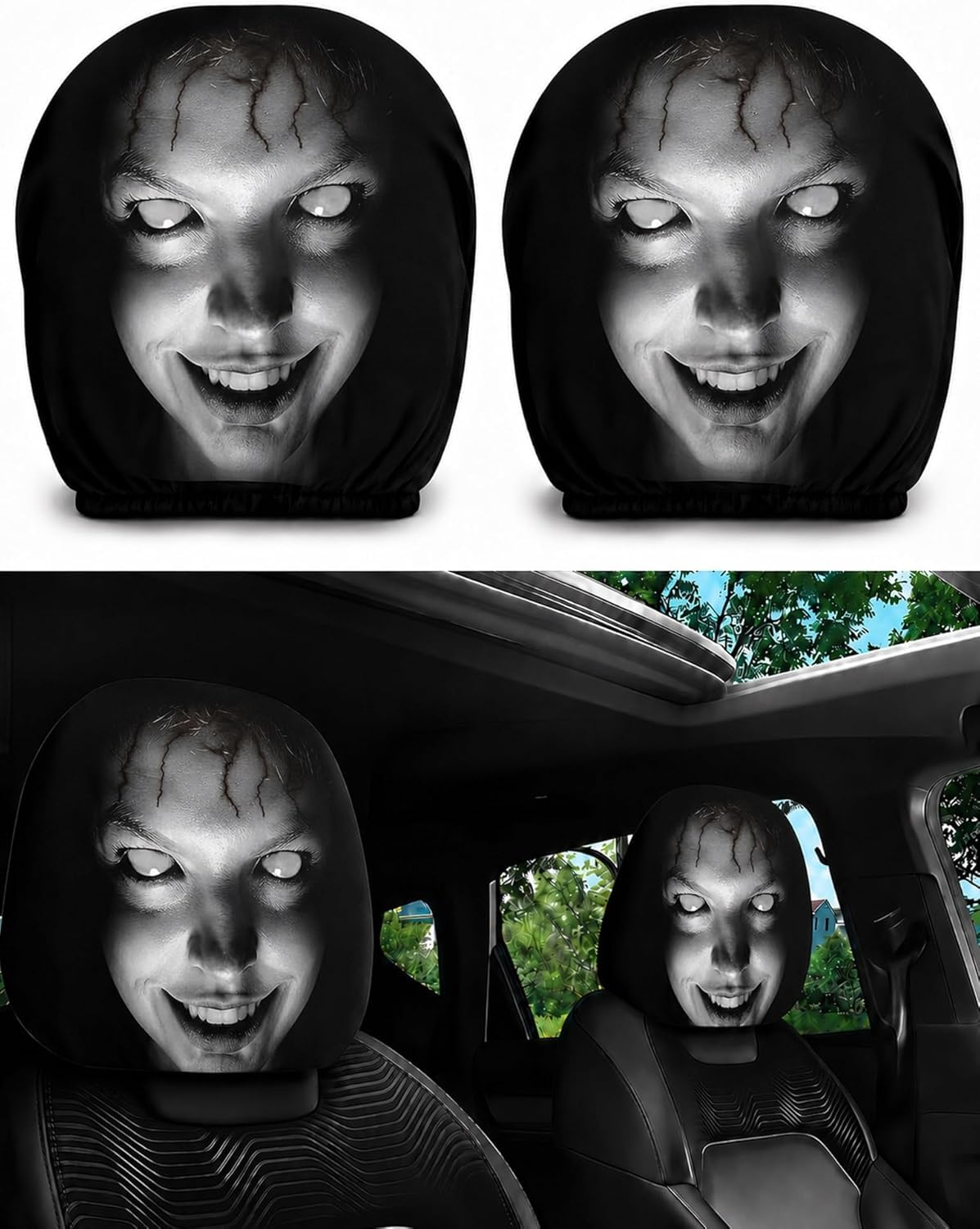 Ghost Face Headrest Covers, Scary Face Printing Auto Seat Universal Elastic Models Headrest Protector