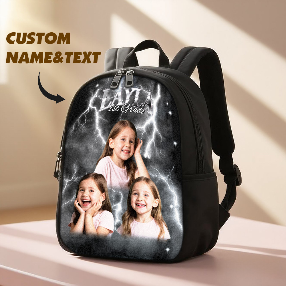 Custom Photo & Name Lightning Backpack – Personalized School Bag with Text Design Back to School Season