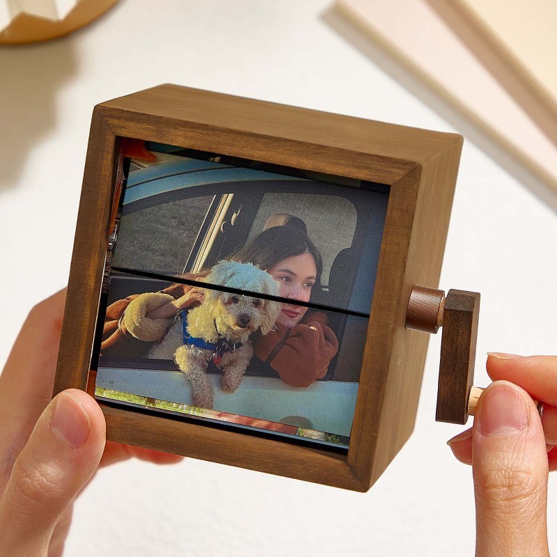 Custom Photo Flipbook Frame Animation Machine Mechanical Hand-cranked Flipbook Box Photo Album with Light Black Walnut Anniversary Gifts-pawsmeowz
