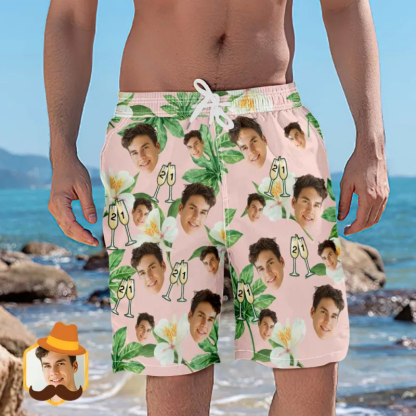 Custom Face Beach Shorts Number in Wine Glass Pink And Green Sleeves Face Beach Trunks Gift for Him