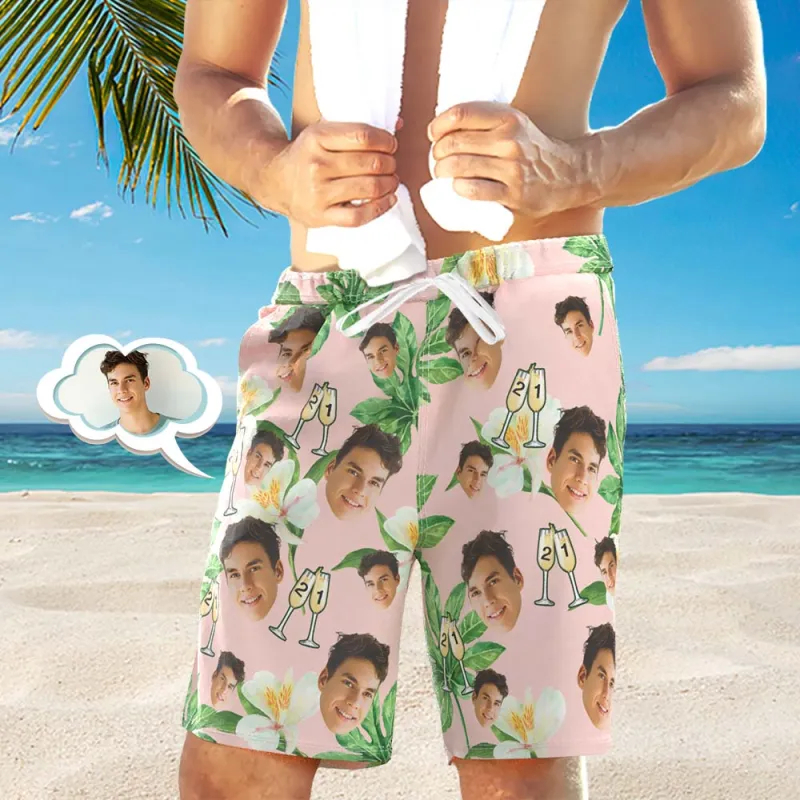 Custom Face Beach Shorts Number in Wine Glass Pink And Green Sleeves Face Beach Trunks Gift for Him