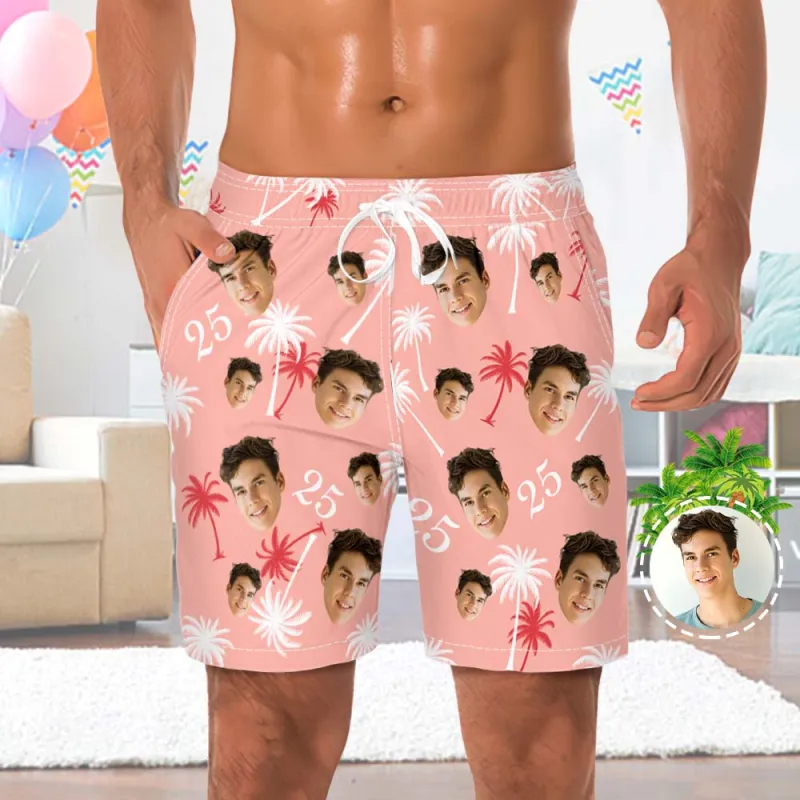 Custom Face And Number Birthday Beach Shorts Red And White Coconut Tree Beach Trunks
