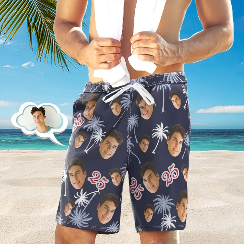 Custom Face And Number Birthday Beach Shorts Red And White Coconut Tree Beach Trunks