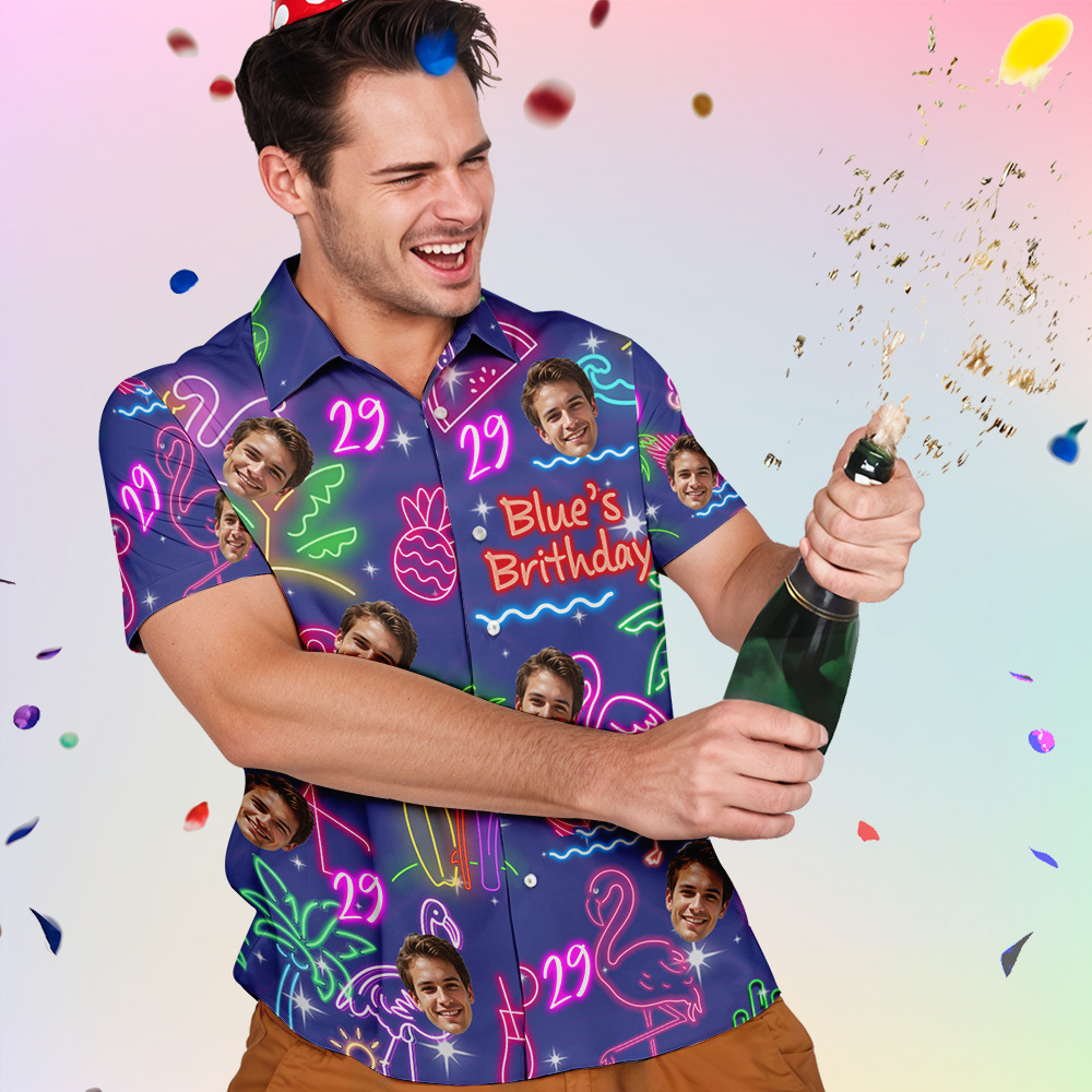 Custom Neon Birthday Party Hawaiian Shirt Personalized Age & Text, Tropical Flamingo Pineapple Coconut Tree Theme