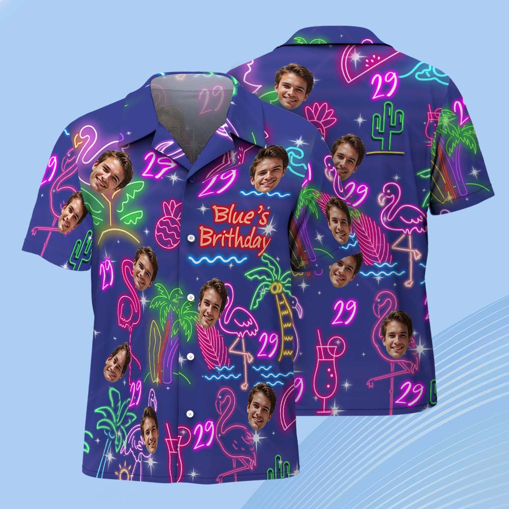 Custom Neon Birthday Party Hawaiian Shirt Personalized Age & Text, Tropical Flamingo Pineapple Coconut Tree Theme