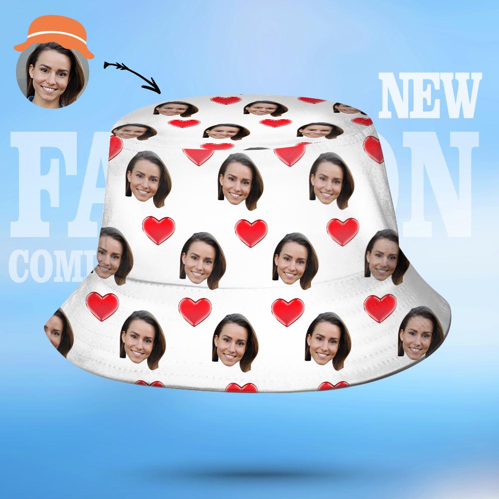 Custom Face Bucket Hat Personalized Heart Print Summer Unisex Fisherman Hat-Pawsmeowz