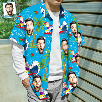 Custom Face Shirt Personalized Photo Men's Hawaiian Shirt Christmas Gift - Surfing Santa