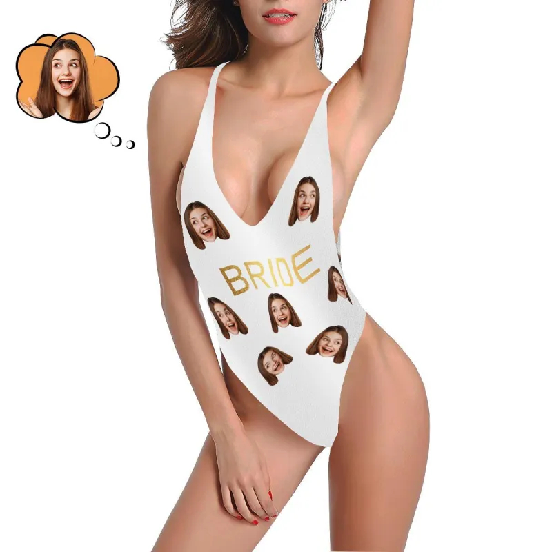 One Piece Swimsuit Face Swimsuit Custom Bathing Suit V-Neck with Face - Bride