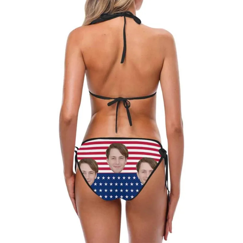 Custom Face American Flag Bikini Two Piece Swimsuit Personalized Bathing Suit Beach Pool Outfits
