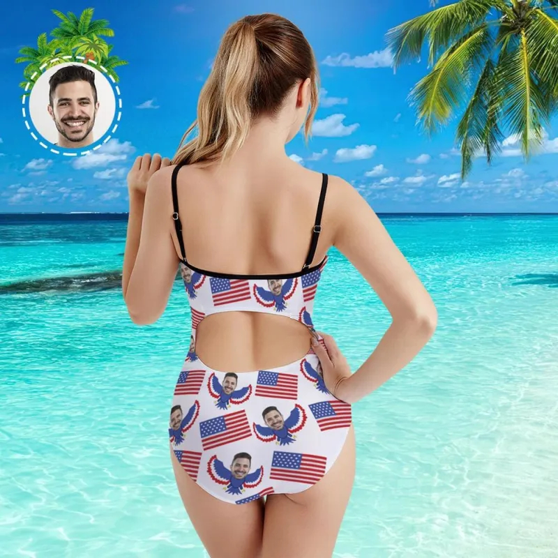 Custom Face Swimwear Women's Photo Slip One Piece Swimsuit- USA Flag With Bald Eagle