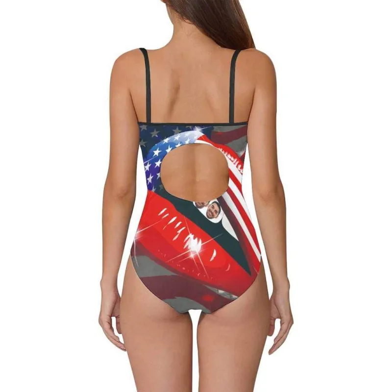 Custom Face Swimwear Women's Photo Slip One Piece Swimsuit- USA Flag With Lips