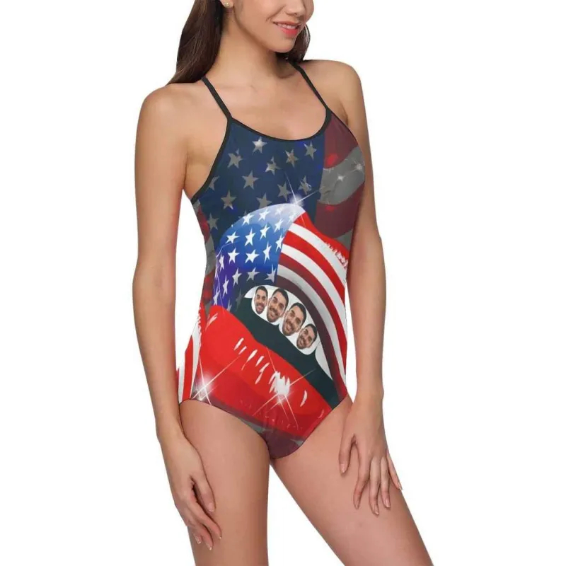 Custom Face Swimwear Women's Photo Slip One Piece Swimsuit- USA Flag With Lips