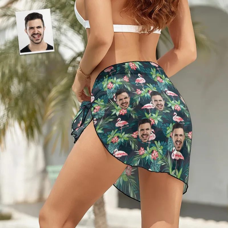 Custom Face Beach Wrap Women Short Sarongs - Flamingo Flowers And Leaves