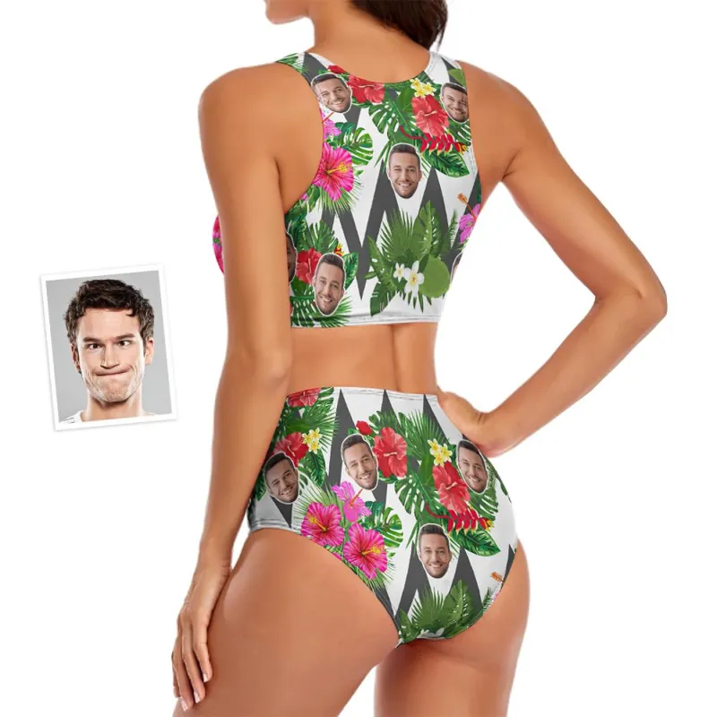 Custom Face Women's Flowers Ripple Two-piece Swimsuit