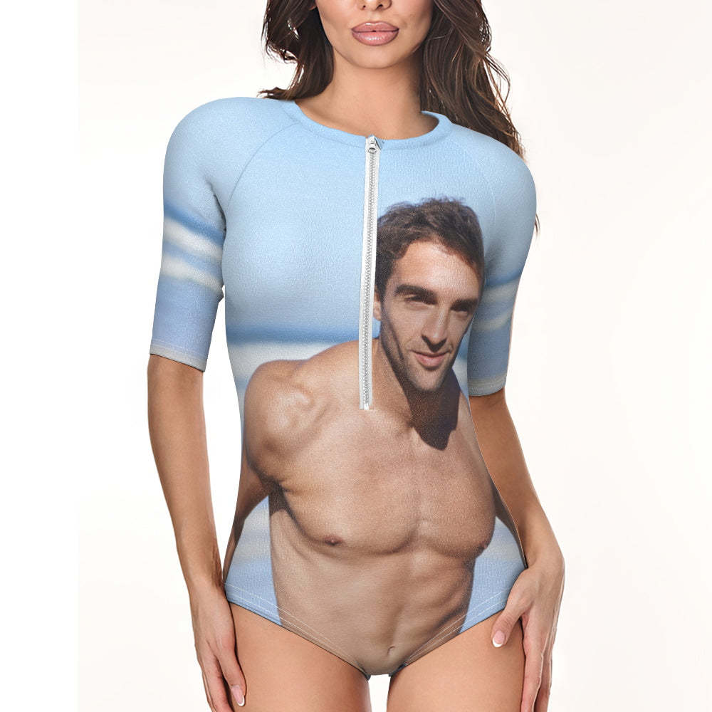 Custom Photo Half Sleeve Swimsuit One Piece Swimwear Personalized Women's Half Sleeve Swimsuit