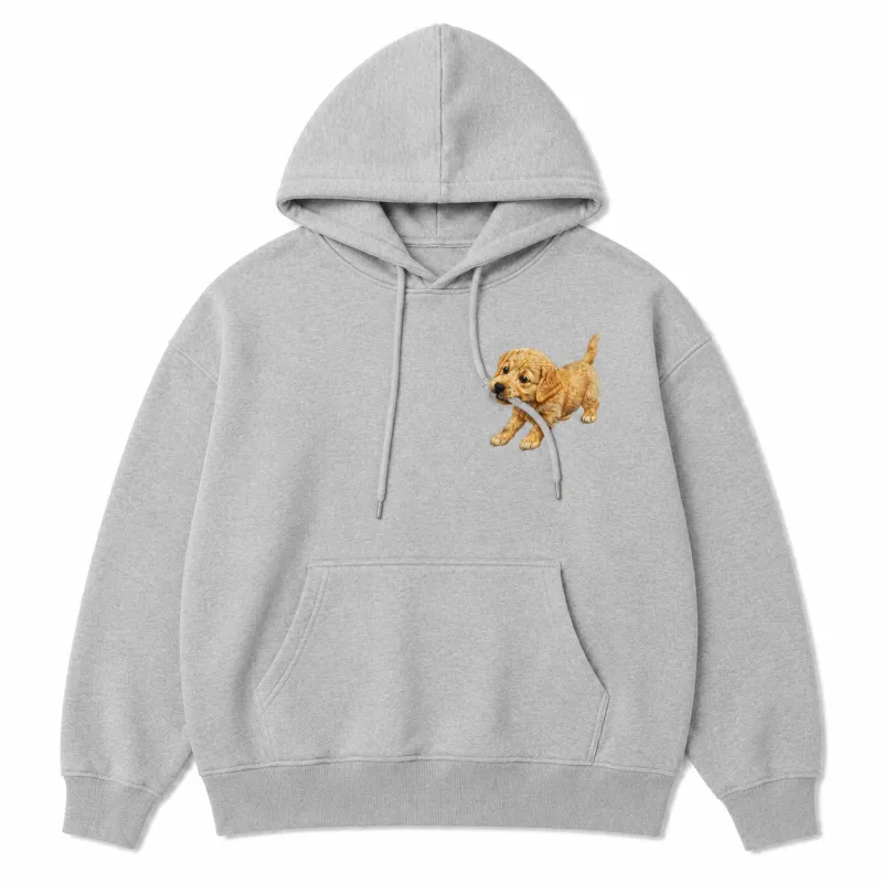 Custom Pet Embroidered Hoodie – Personalized Dog Photo Embroidery Hoodie with Puppy "Biting Drawstring" Design | Custom Pet Lover Gift