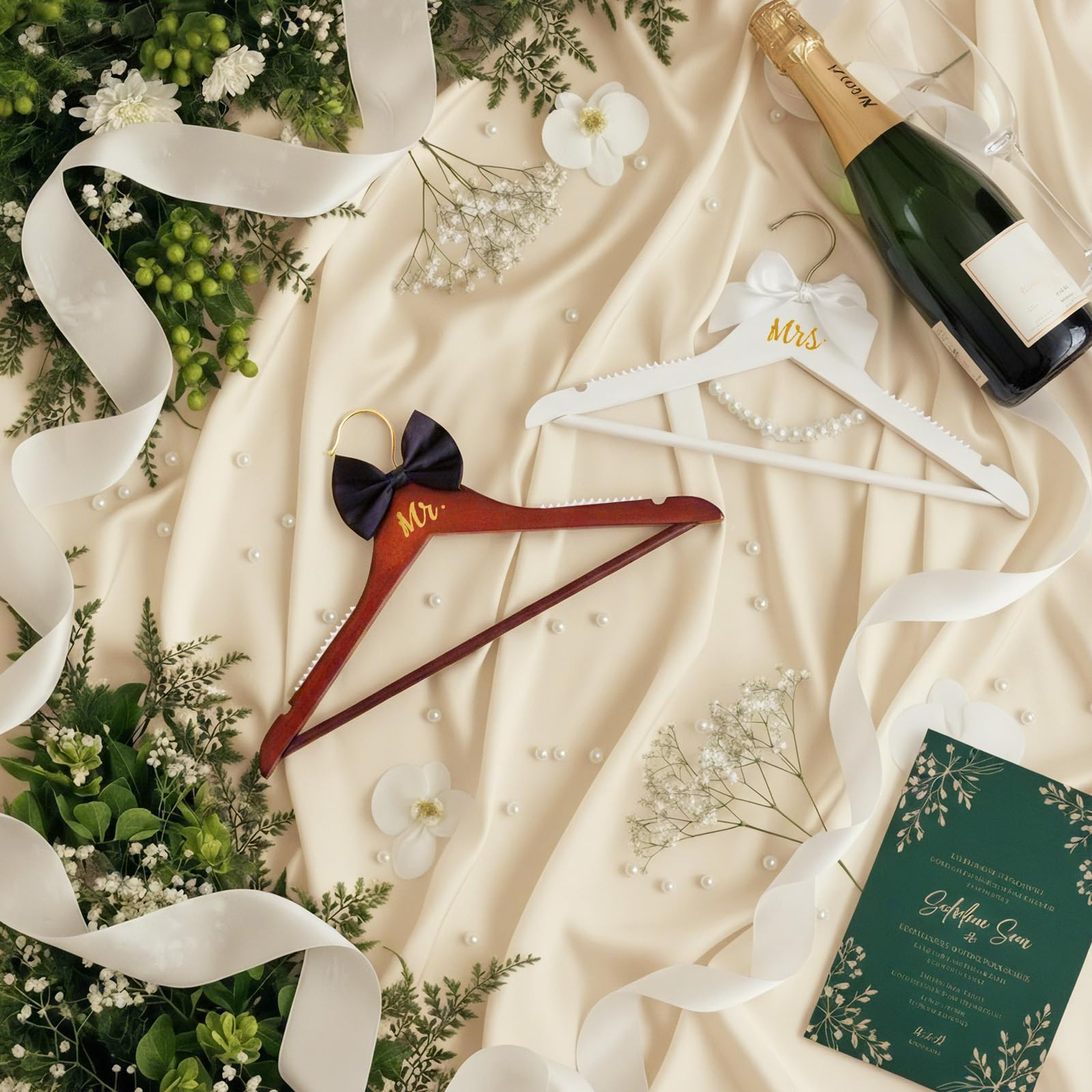 2 Pcs Bride Hanger for Wedding Dress Bride and Groom Wooden Wedding Dress Hanger Set with Bow Tie for Tuxedo Suit Gift Bridal Party Shower