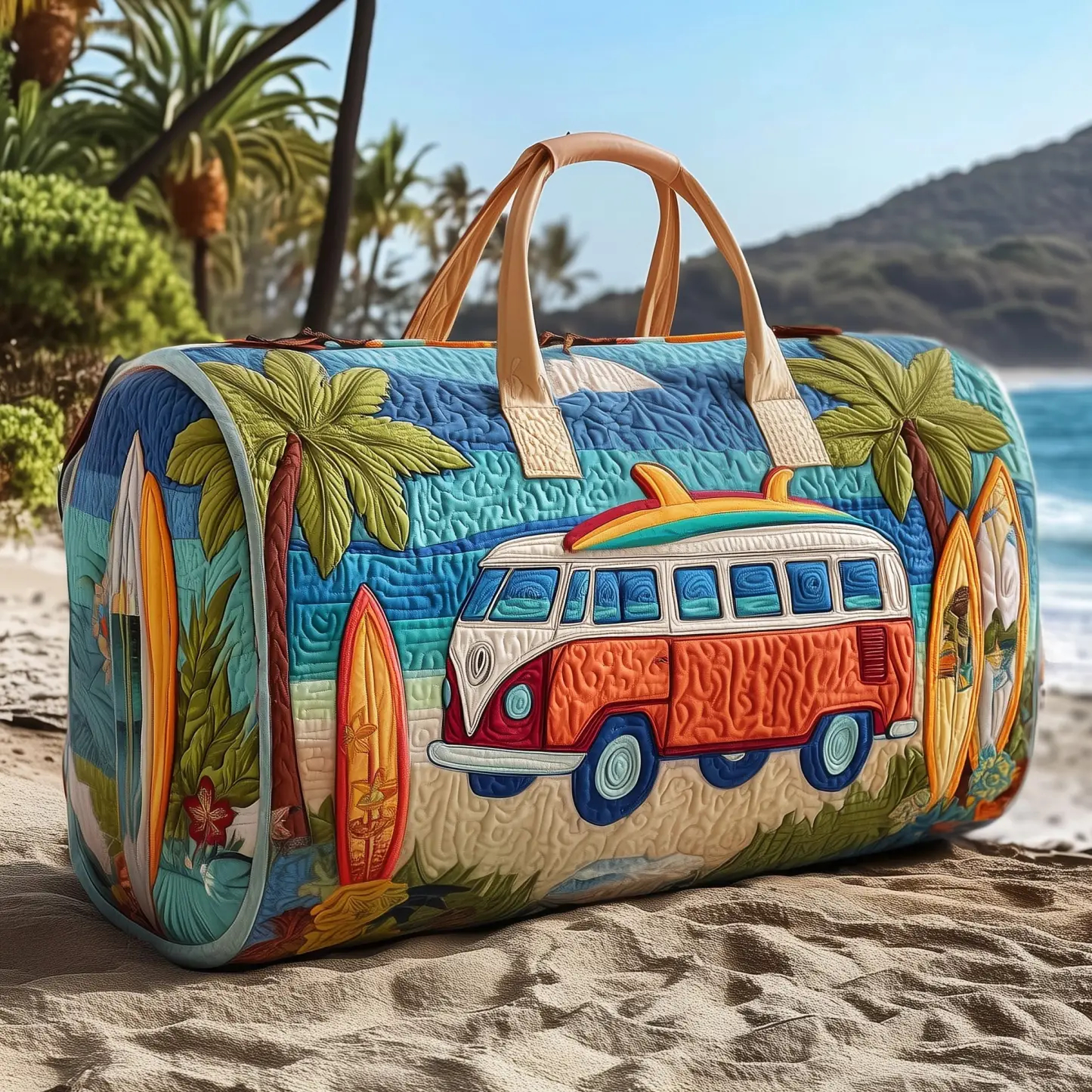 Quilted Hippie Van Duffle Bag - Large Capacity Bohemian Travel Gym Bag for Dance, Yoga, Workout, Festival, and Overnight Trips, Artistic Patchwork Carryall Tote