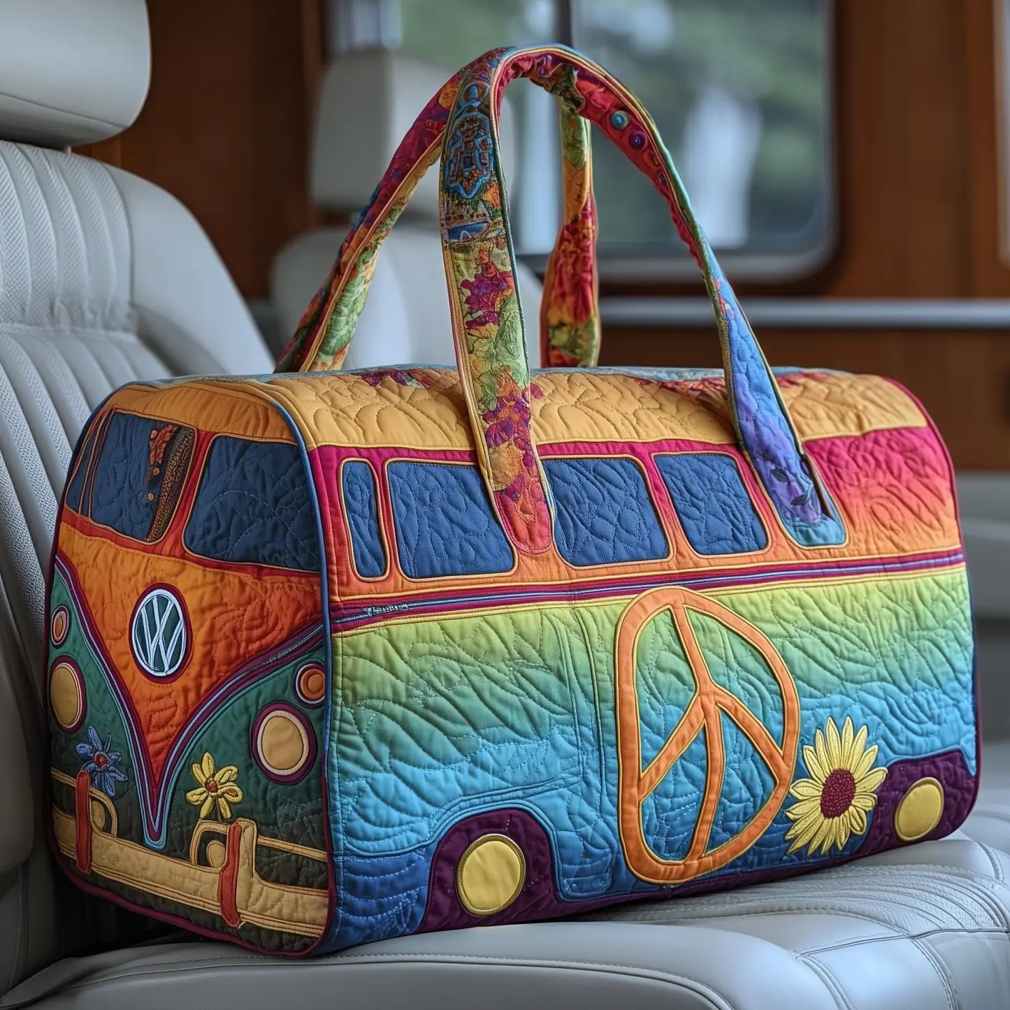 Quilted Hippie Van Duffle Bag - Large Capacity Bohemian Travel Gym Bag for Dance, Yoga, Workout, Festival, and Overnight Trips, Artistic Patchwork Carryall Tote