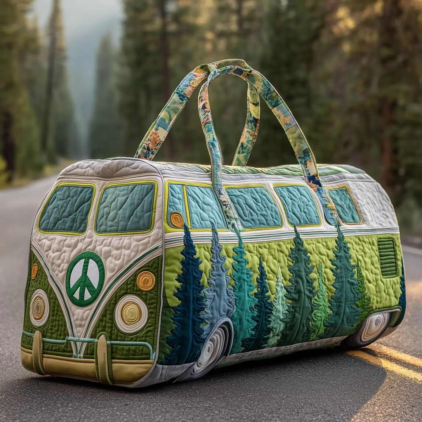 Quilted Hippie Van Duffle Bag - Large Capacity Bohemian Travel Gym Bag for Dance, Yoga, Workout, Festival, and Overnight Trips, Artistic Patchwork Carryall Tote