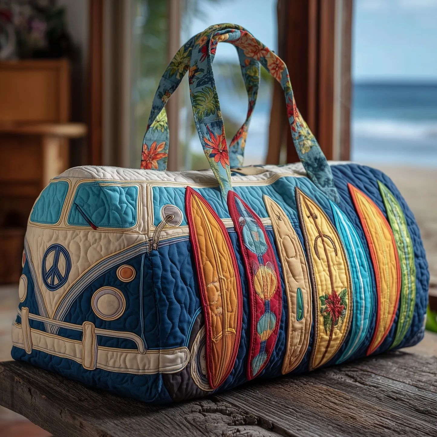 Quilted Hippie Van Duffle Bag - Large Capacity Bohemian Travel Gym Bag for Dance, Yoga, Workout, Festival, and Overnight Trips, Artistic Patchwork Carryall Tote