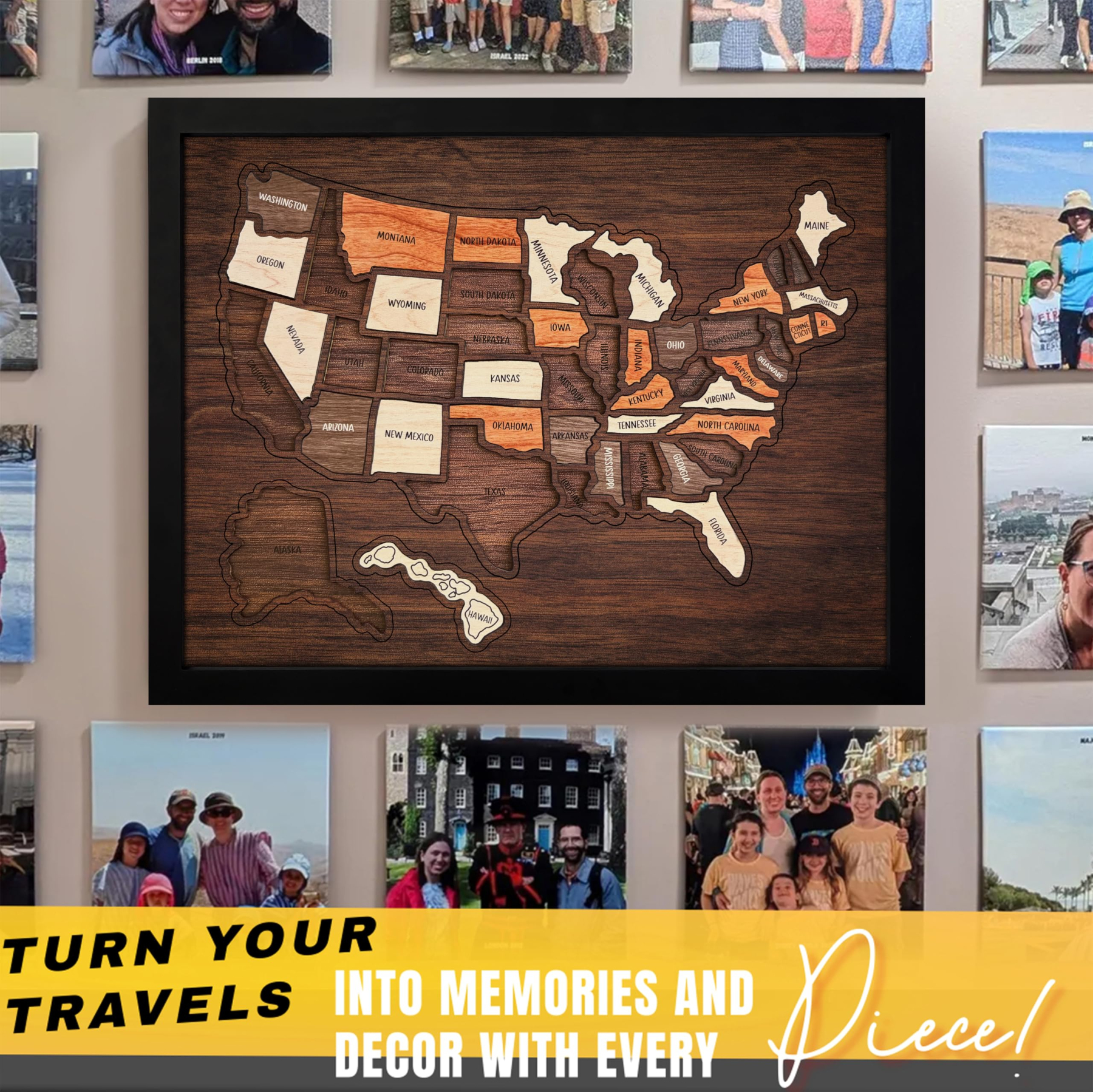 Wooden USA Travel Map Puzzle 50 States United States Puzzle Wall Decor for Home Office Record Your Journey Gift for Adults Families-Pawsmeowz