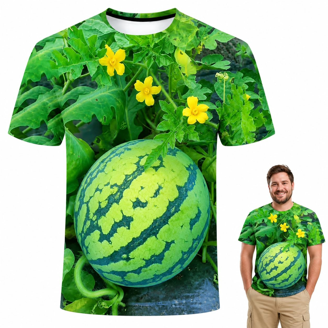 Funny 3D Watermelon Belly T Shirt for Men, Summer Fruit Graphic Tee, Novelty Dad BOD Shirt for BBQ Beach Party
