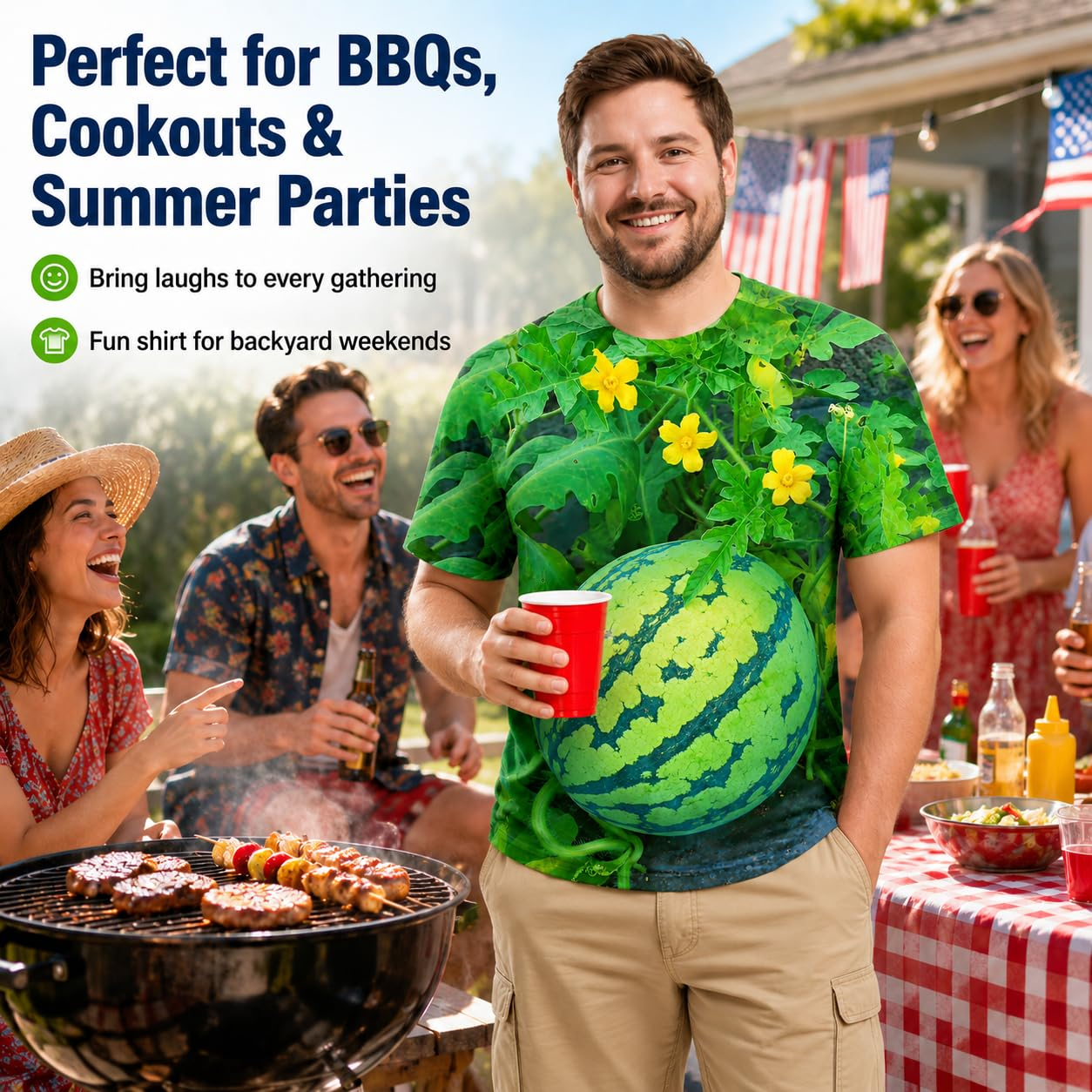 Funny 3D Watermelon Belly T Shirt for Men, Summer Fruit Graphic Tee, Novelty Dad BOD Shirt for BBQ Beach Party