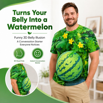 Funny 3D Watermelon Belly T Shirt for Men, Summer Fruit Graphic Tee, Novelty Dad BOD Shirt for BBQ Beach Party