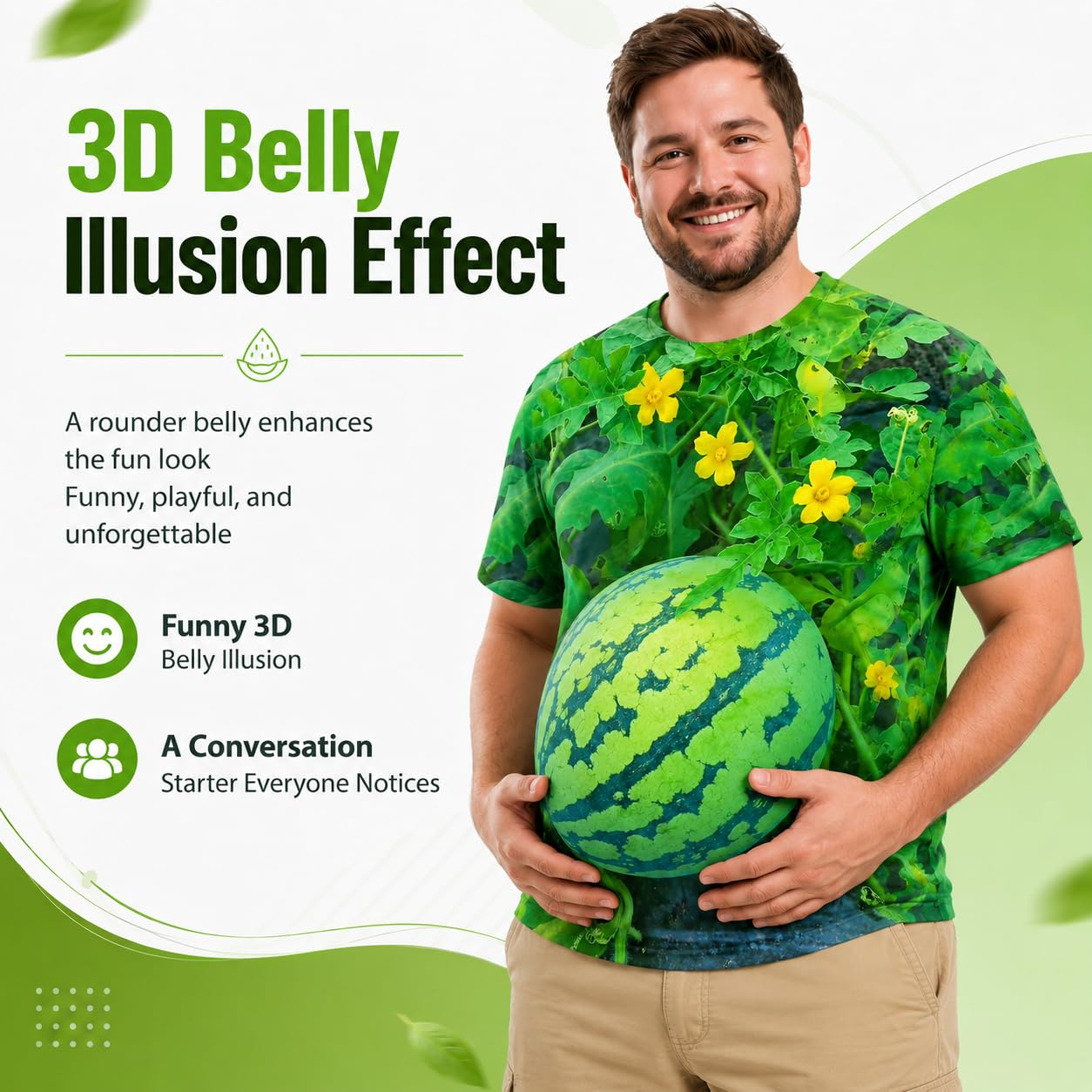 Funny 3D Watermelon Belly T Shirt for Men, Summer Fruit Graphic Tee, Novelty Dad BOD Shirt for BBQ Beach Party