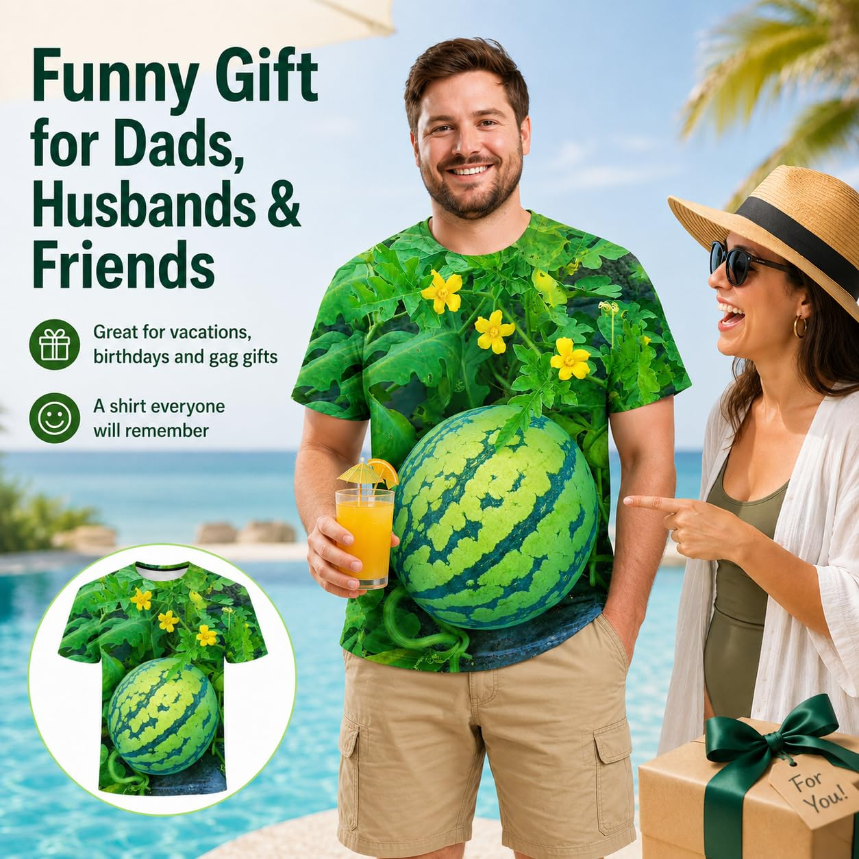 Funny 3D Watermelon Belly T Shirt for Men, Summer Fruit Graphic Tee, Novelty Dad BOD Shirt for BBQ Beach Party