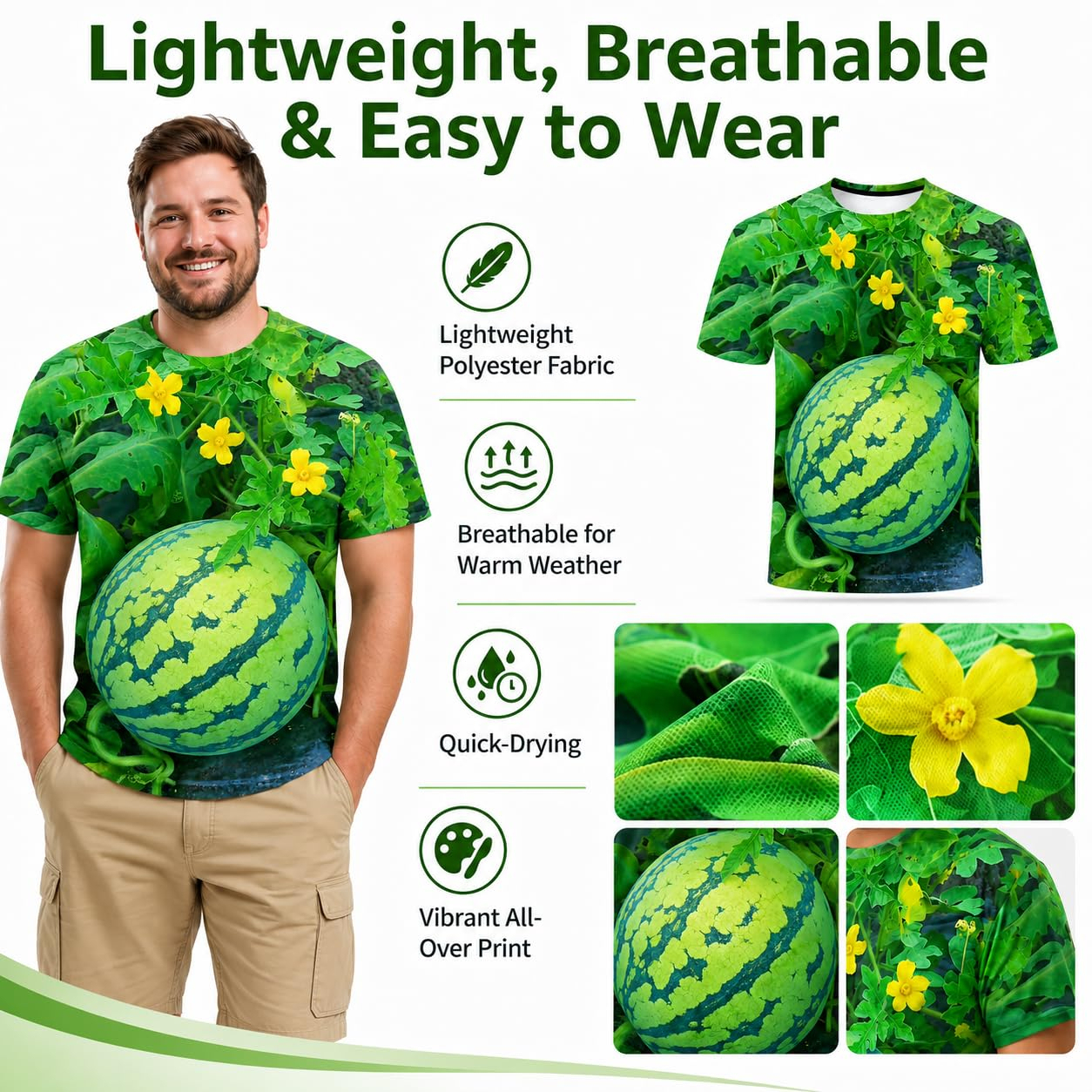 Funny 3D Watermelon Belly T Shirt for Men, Summer Fruit Graphic Tee, Novelty Dad BOD Shirt for BBQ Beach Party