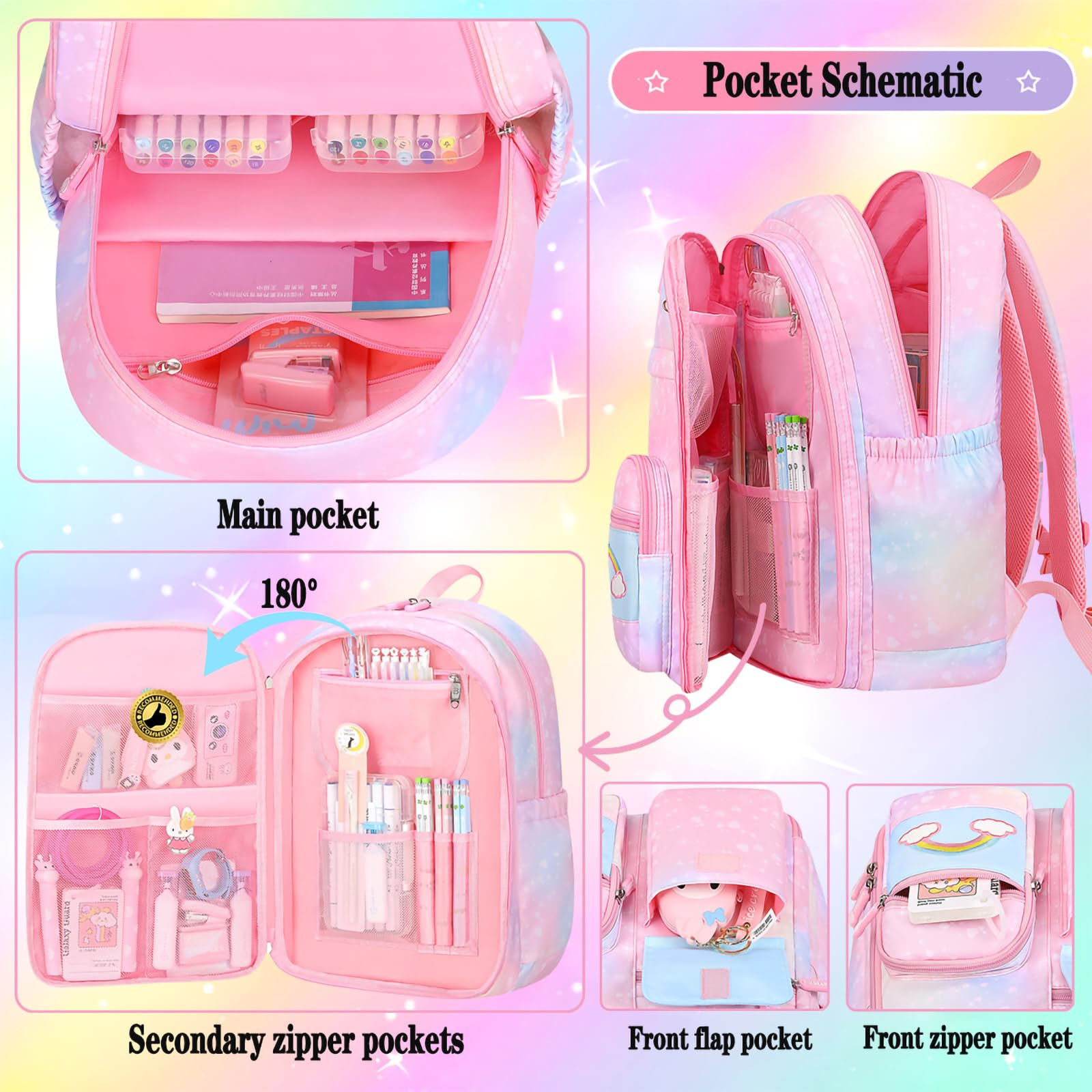 Backpack For Girls Kids,Cute Student School Backpack With Pen Bag, Aesthetic Starry Rainbow Laptop Travel Bag