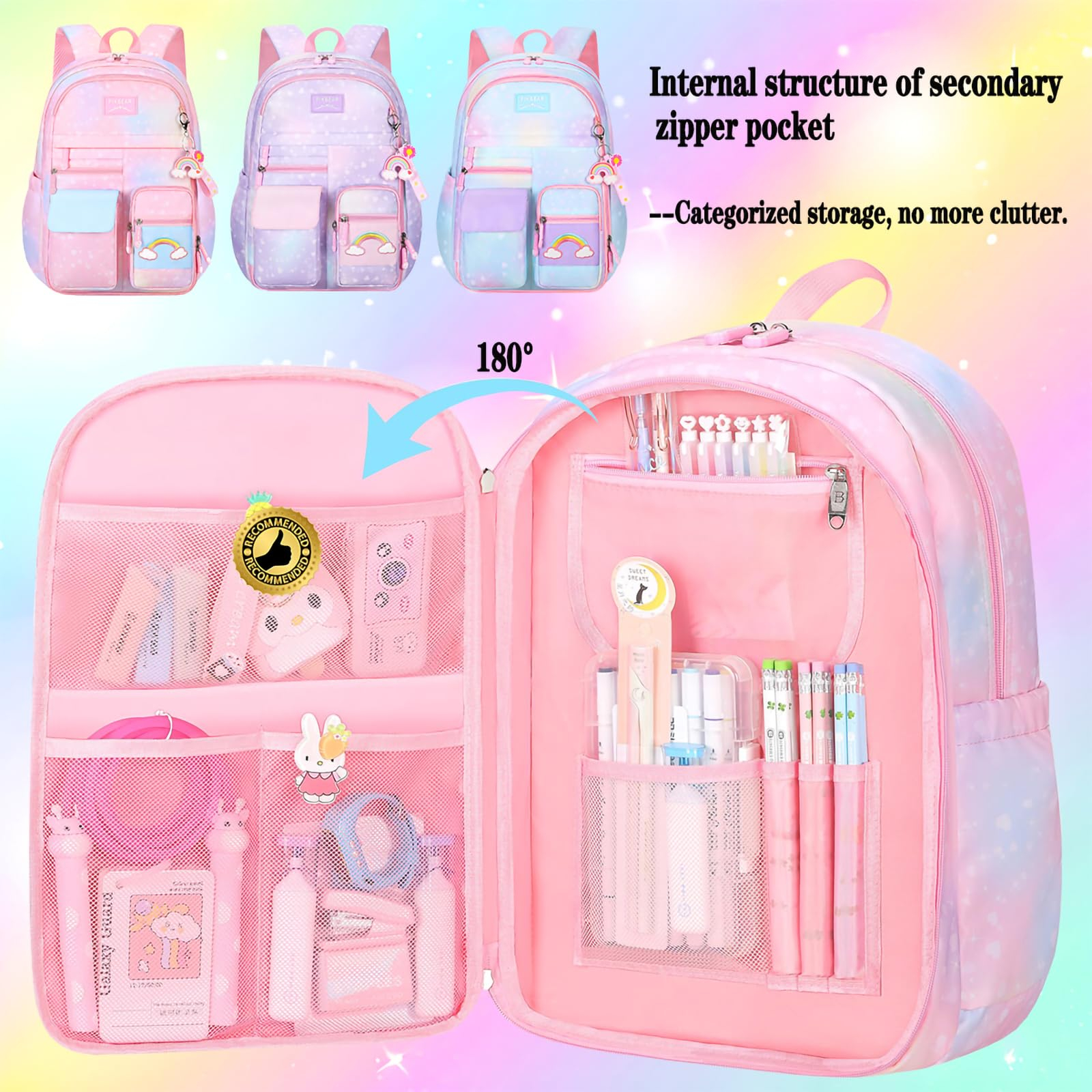 Backpack For Girls Kids,Cute Student School Backpack With Pen Bag, Aesthetic Starry Rainbow Laptop Travel Bag