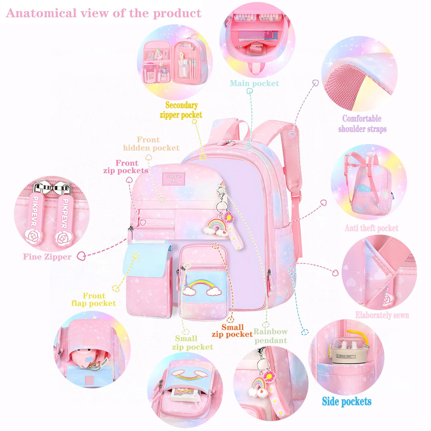 Backpack For Girls Kids,Cute Student School Backpack With Pen Bag, Aesthetic Starry Rainbow Laptop Travel Bag