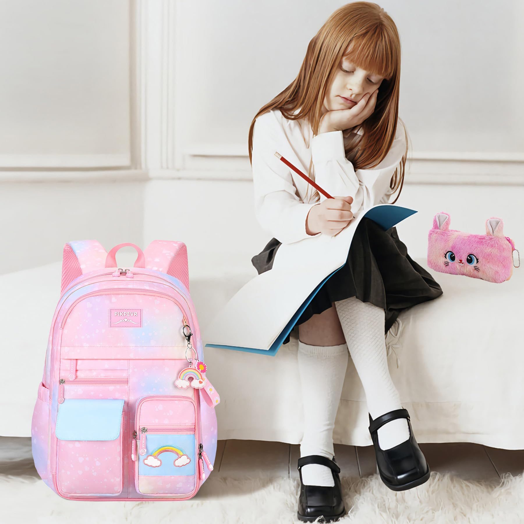 Backpack For Girls Kids,Cute Student School Backpack With Pen Bag, Aesthetic Starry Rainbow Laptop Travel Bag