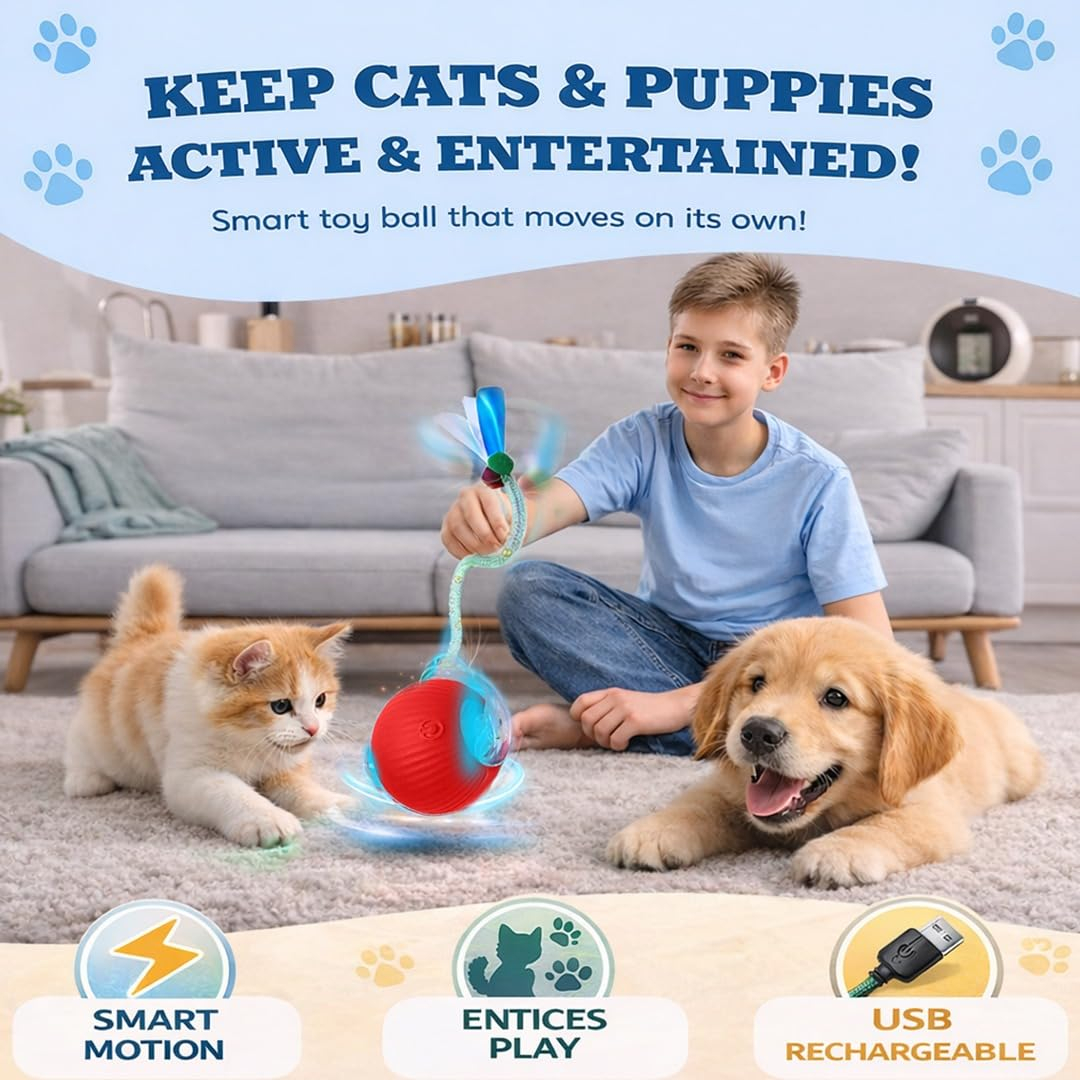 Cat Toy Ball with Tail Rope, Smart Rolling Ball, LED Light, Electric Self-Rolling Pet Toy, Interactive Cat Jumping Ball, Automatic Cat Teaser Ball, Small Dog Toy, Pet Excercise, Cat Activity