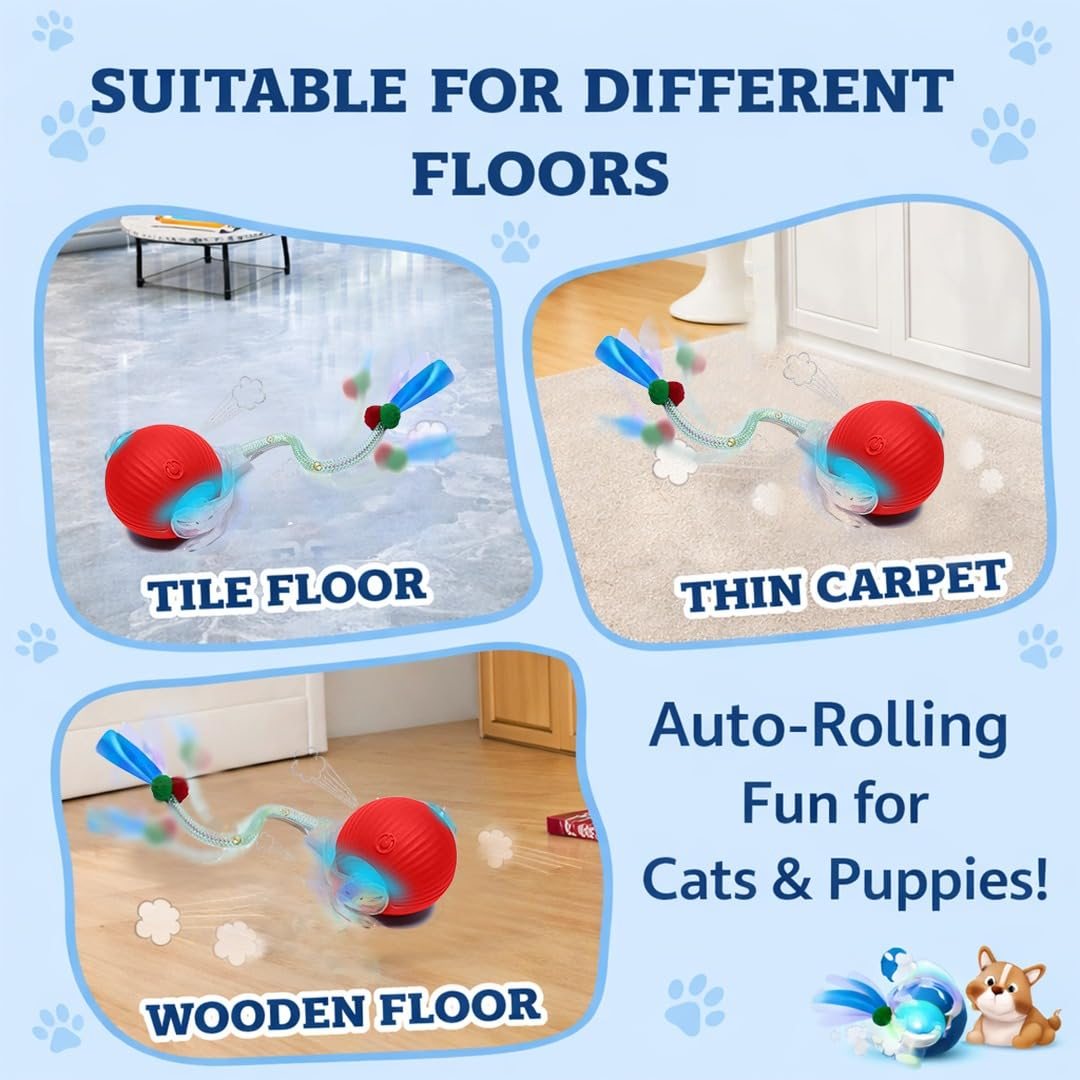 Cat Toy Ball with Tail Rope, Smart Rolling Ball, LED Light, Electric Self-Rolling Pet Toy, Interactive Cat Jumping Ball, Automatic Cat Teaser Ball, Small Dog Toy, Pet Excercise, Cat Activity
