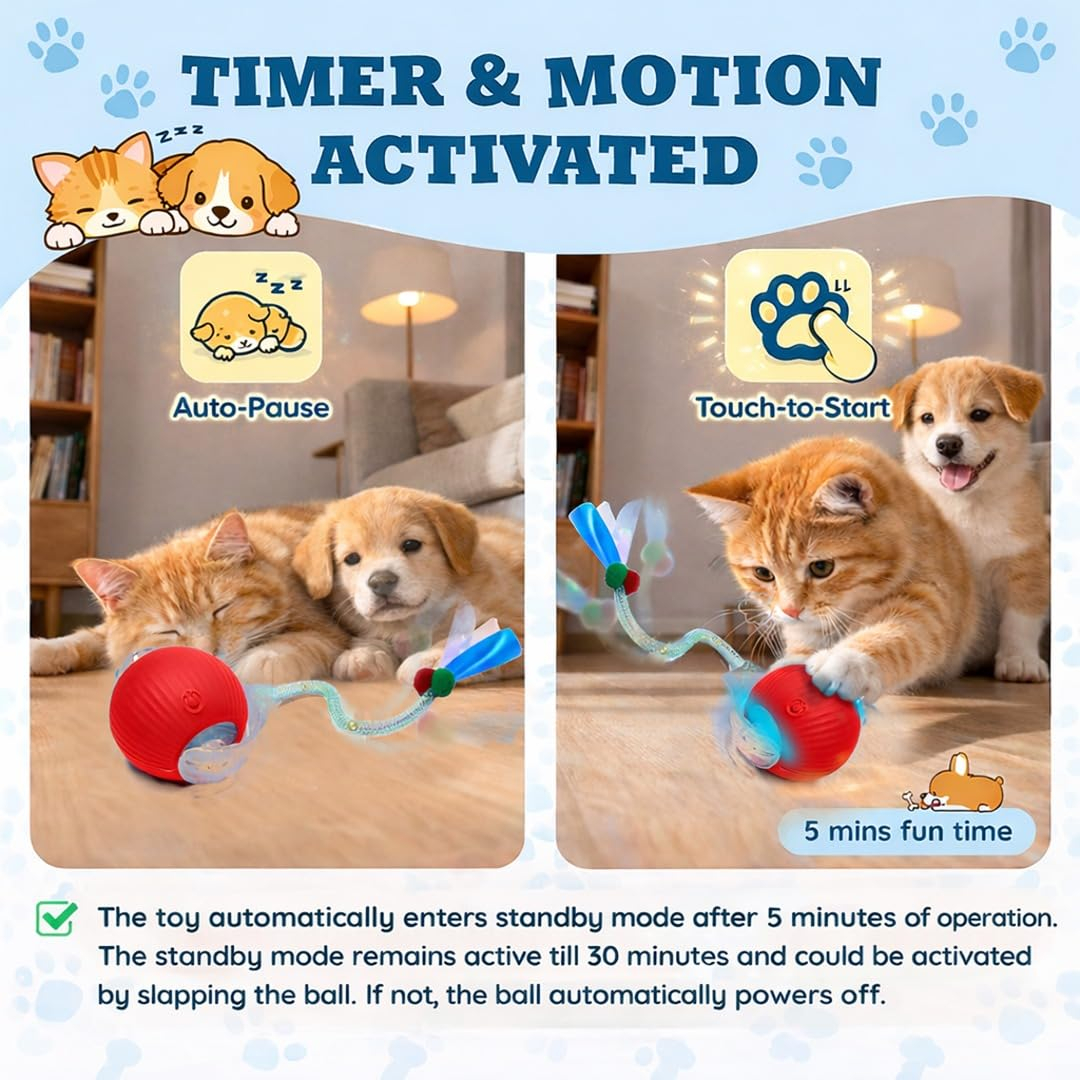 Cat Toy Ball with Tail Rope, Smart Rolling Ball, LED Light, Electric Self-Rolling Pet Toy, Interactive Cat Jumping Ball, Automatic Cat Teaser Ball, Small Dog Toy, Pet Excercise, Cat Activity