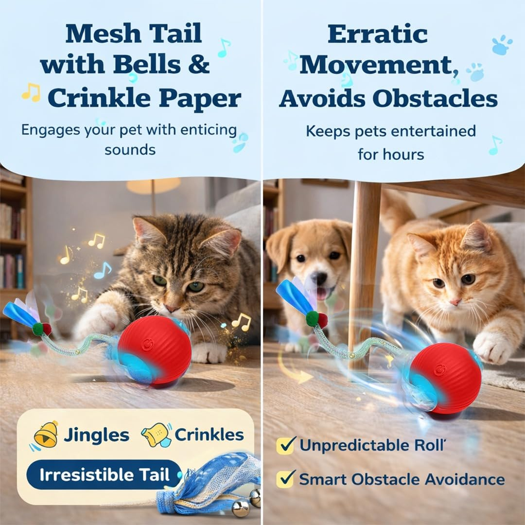 Cat Toy Ball with Tail Rope, Smart Rolling Ball, LED Light, Electric Self-Rolling Pet Toy, Interactive Cat Jumping Ball, Automatic Cat Teaser Ball, Small Dog Toy, Pet Excercise, Cat Activity